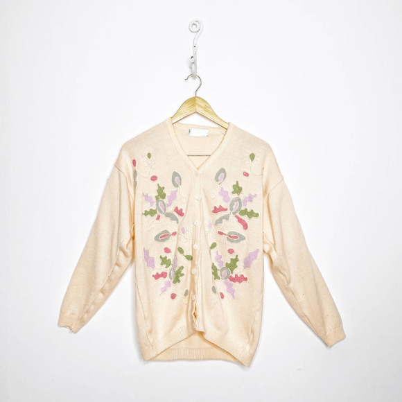 Vintage 80s Floral embroidered cardigan sweater orange pastel oversized M L - Picture 1 of 5